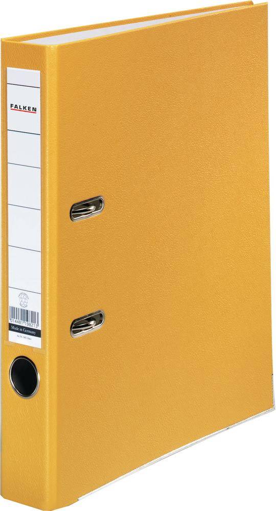 A yellow lever arch file with two metal rings and a white label on the spine for labelling.