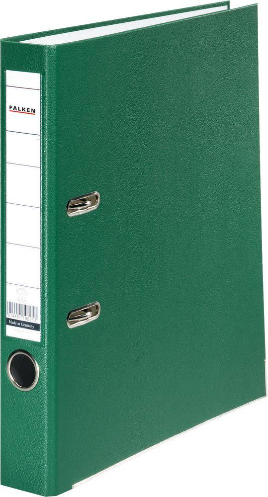 Green lever arch file with two silver lever mechanisms and a label on the spine.