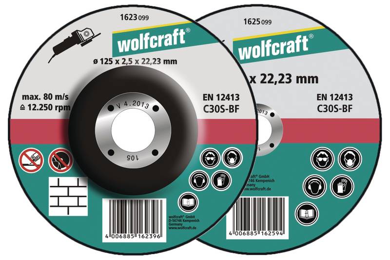 Two grinding discs by 'wolfcraft', with 125 mm diameter. Suitable for metalworking, max. 12,250 rpm.