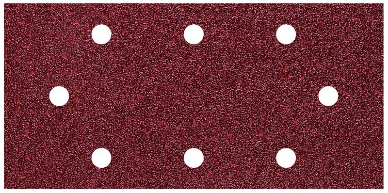 Red sandpaper with a rectangular shape and eight symmetrically arranged holes.