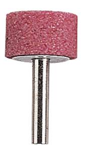 A pink cylindrical grinding attachment, secured to a metal pin, against a neutral background.