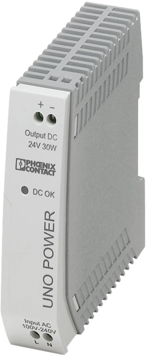 A grey power supply unit 'UNO POWER' by Phoenix Contact. It provides a DC output of 24V and 30W. Input AC 100V-240V.