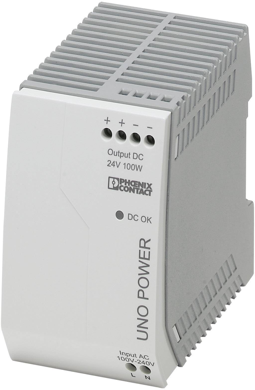 Power supply by Phoenix Contact, model UNO POWER, 24V, 100W. Includes status indicators and is suitable for input voltages of 100 to 240V AC.