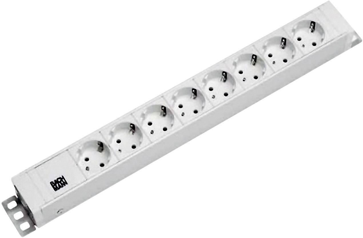 White multiple socket with eight plug sockets in a row, for distributing electricity to multiple devices.