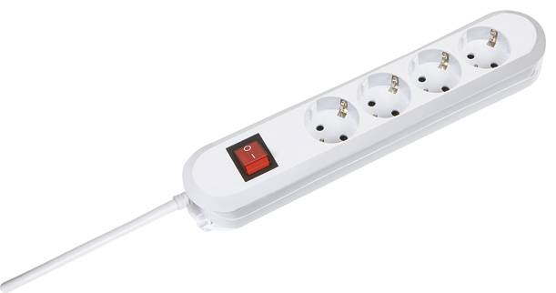 A white four-socket extension block with a red power switch.