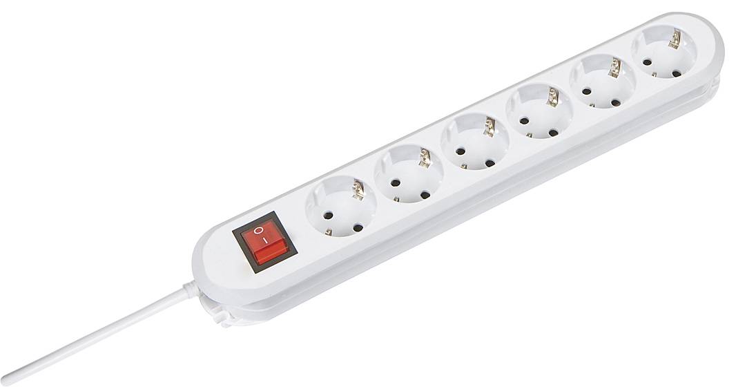 Six-way power strip with on/off switch, ideal for power distribution in the home or office.