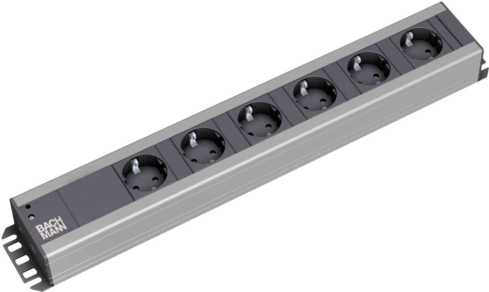 Six-way power strip with black housing and silver trim by Bachmann, suitable for power distribution in offices or at home.
