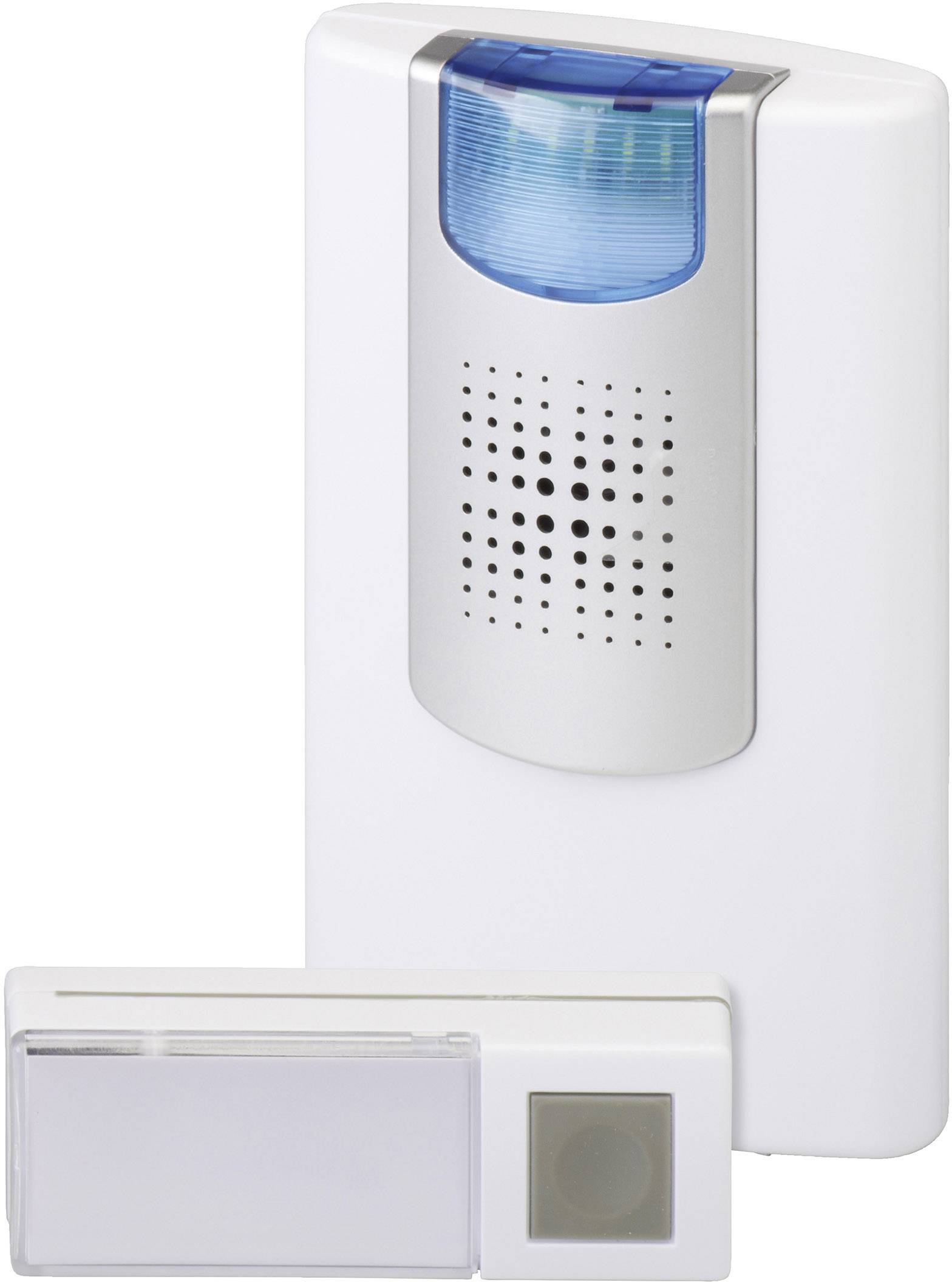 A white wireless doorbell with blue light at the top, with speaker holes underneath. A matching white button is positioned to the right.