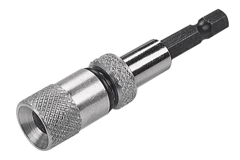 Magnetic bit holder with knurled handle and quick-release mechanism for exchanging screwdriver bits.