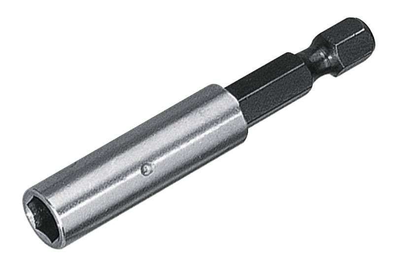 A metal magnetic socket adapter used for drills or screwdrivers to secure hexagonal screws.