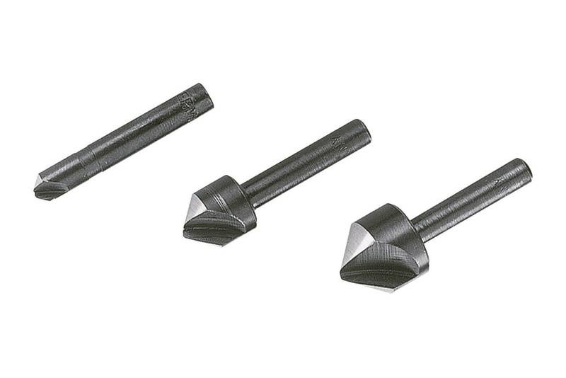 Three countersink drill bits with different diameters in a row. Ideal for creating countersunk holes in metal or wood.