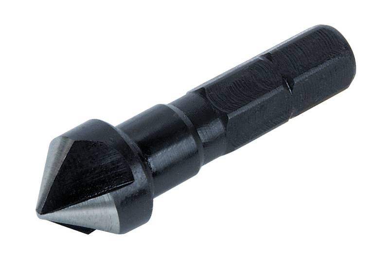 View of a black countersink with a cylindrical shaft and a conical head, used for deburring or countersinking holes.
