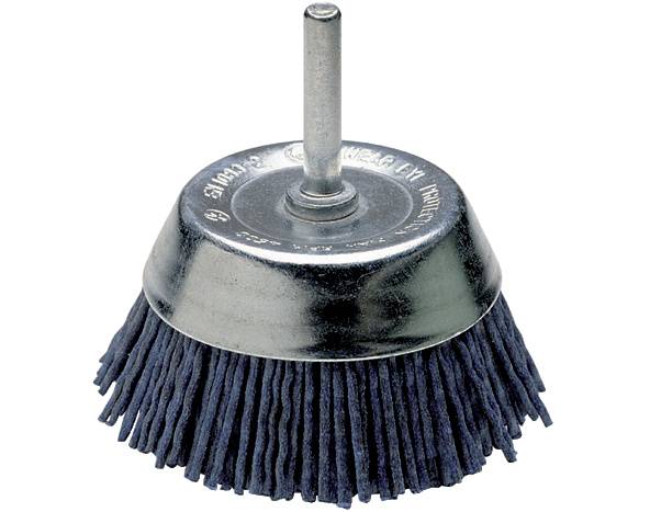 A round wire brush with a handle, suitable for mounting on a drill. Primarily used for removing rust or paint.