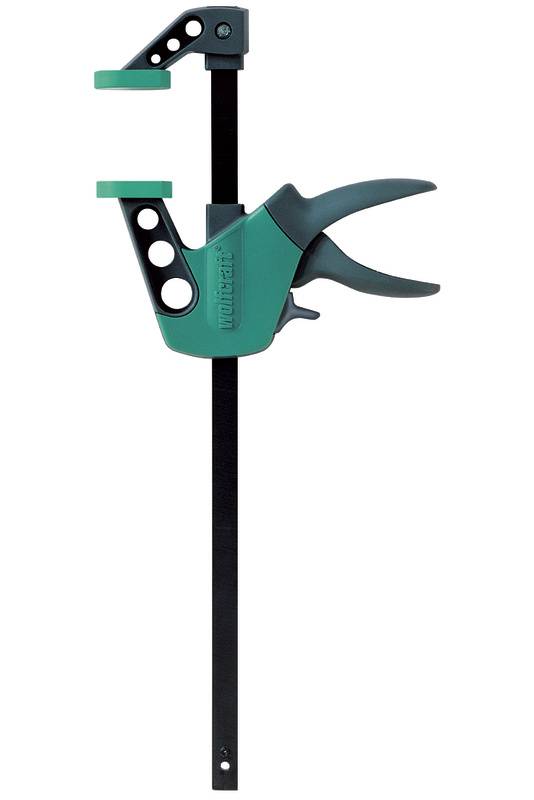 Metal and plastic clamps, extended, with a green handle and black rail, against a white background.