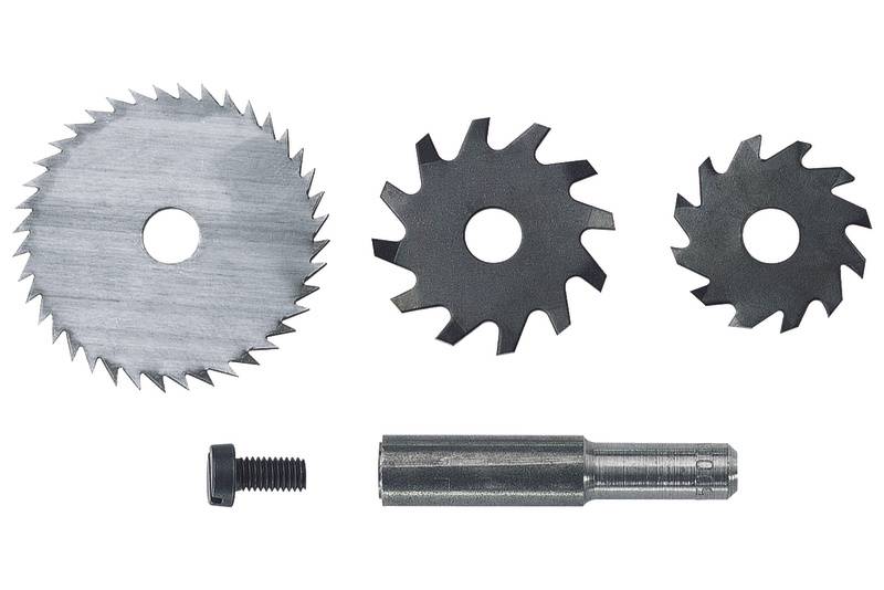 Various metal saw blades and accessories on a white background. Includes three serrated blades, a screw, and a round shaft.