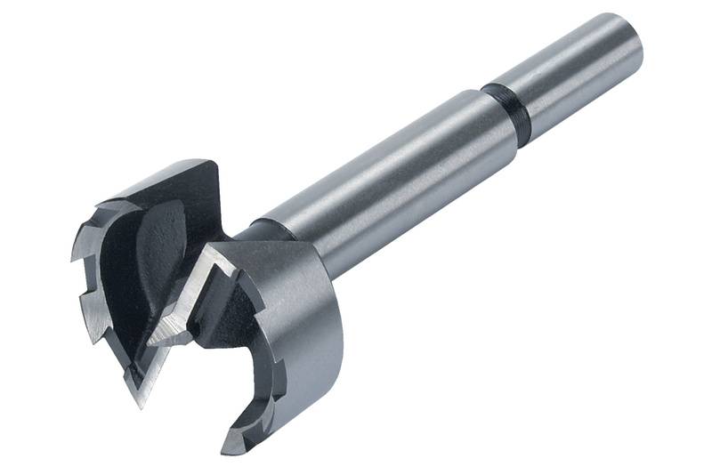 Drill with a wide, serrated point and a long, smooth handle. Tool for creating precise, large holes in wood.