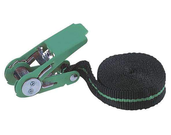Green tension strap with ratchet mechanism and black webbing, ready to secure items. Ideal for transport and storage.