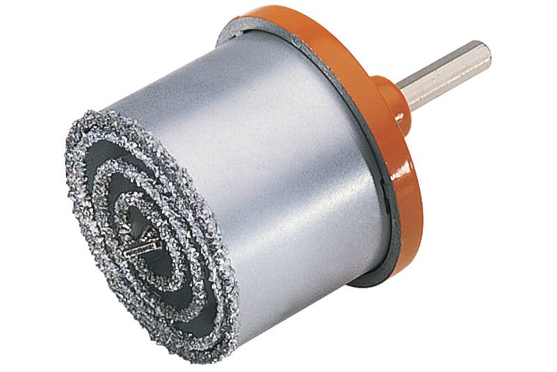 Grinding tool for drill machine, cylindrical in shape with rotating grinding material on the top surface, suitable for precision grinding.