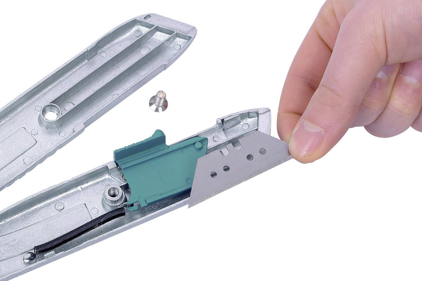 Hand inserts blade into metal knife, demonstrates blade replacement.