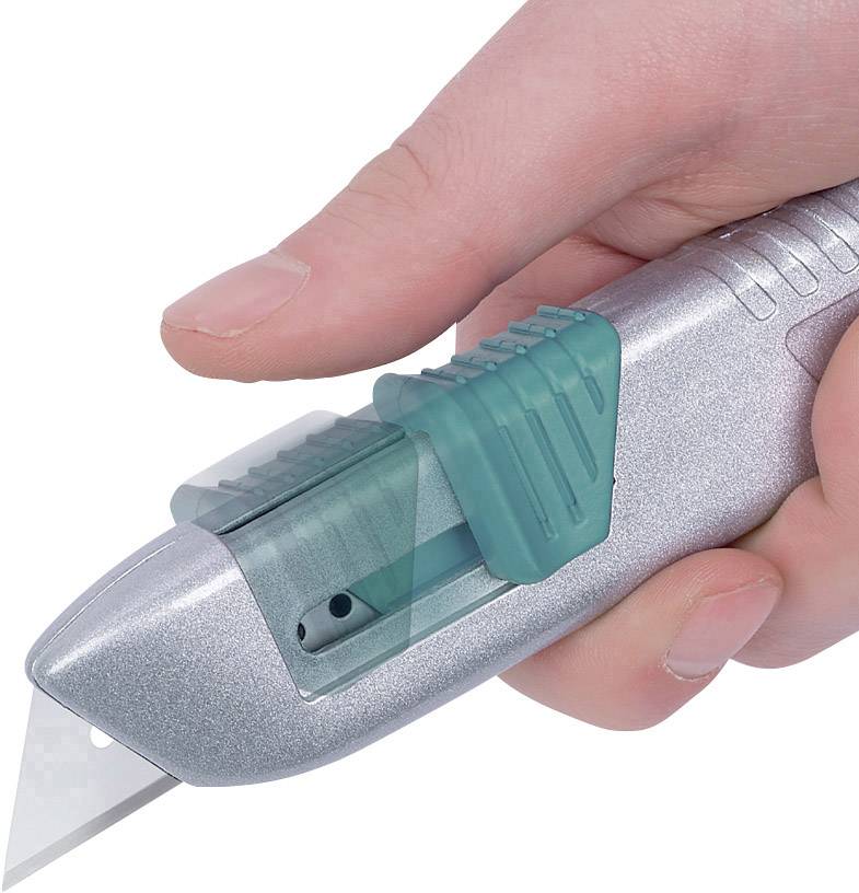 A hand holds a silver craft knife with an extended blade and green blade guard.