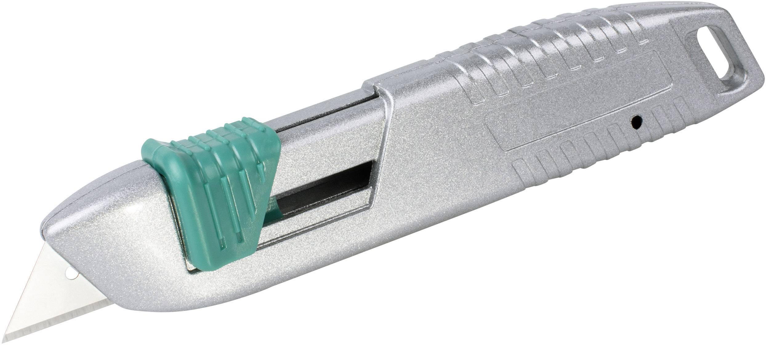 Metal safety utility knife with retractable blade and green safety slider. Suitable for cutting cardboard.