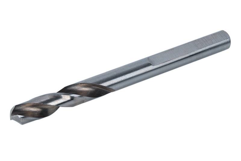 A silver metal twist drill with a cylindrical shaft and sharp point.