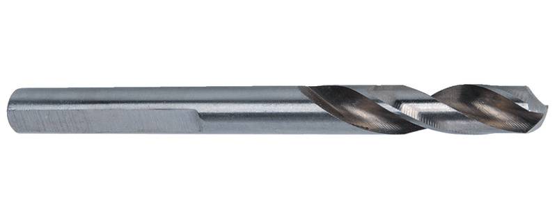 A metal drill bit with spiral-edged cutting surfaces and a round shank, suitable for drilling into metals.