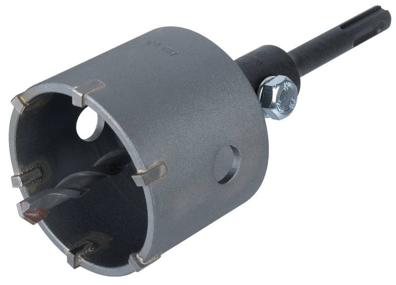 Hole saw with sharp metal teeth and mounting bracket, suitable for precise cutting in large diameters.