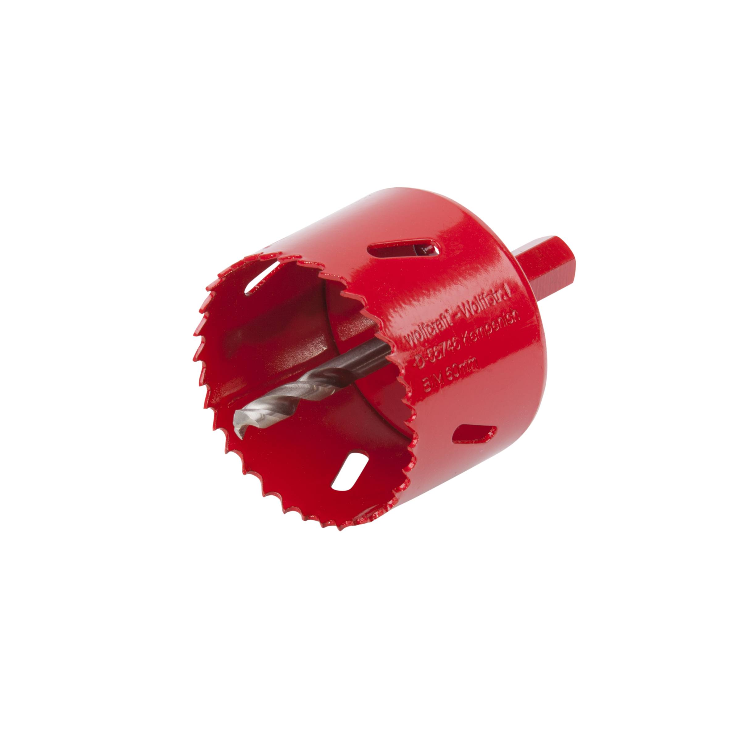 Red hole saw with serrated edges and drill bit in the centre, suitable for cutting circular openings in materials.