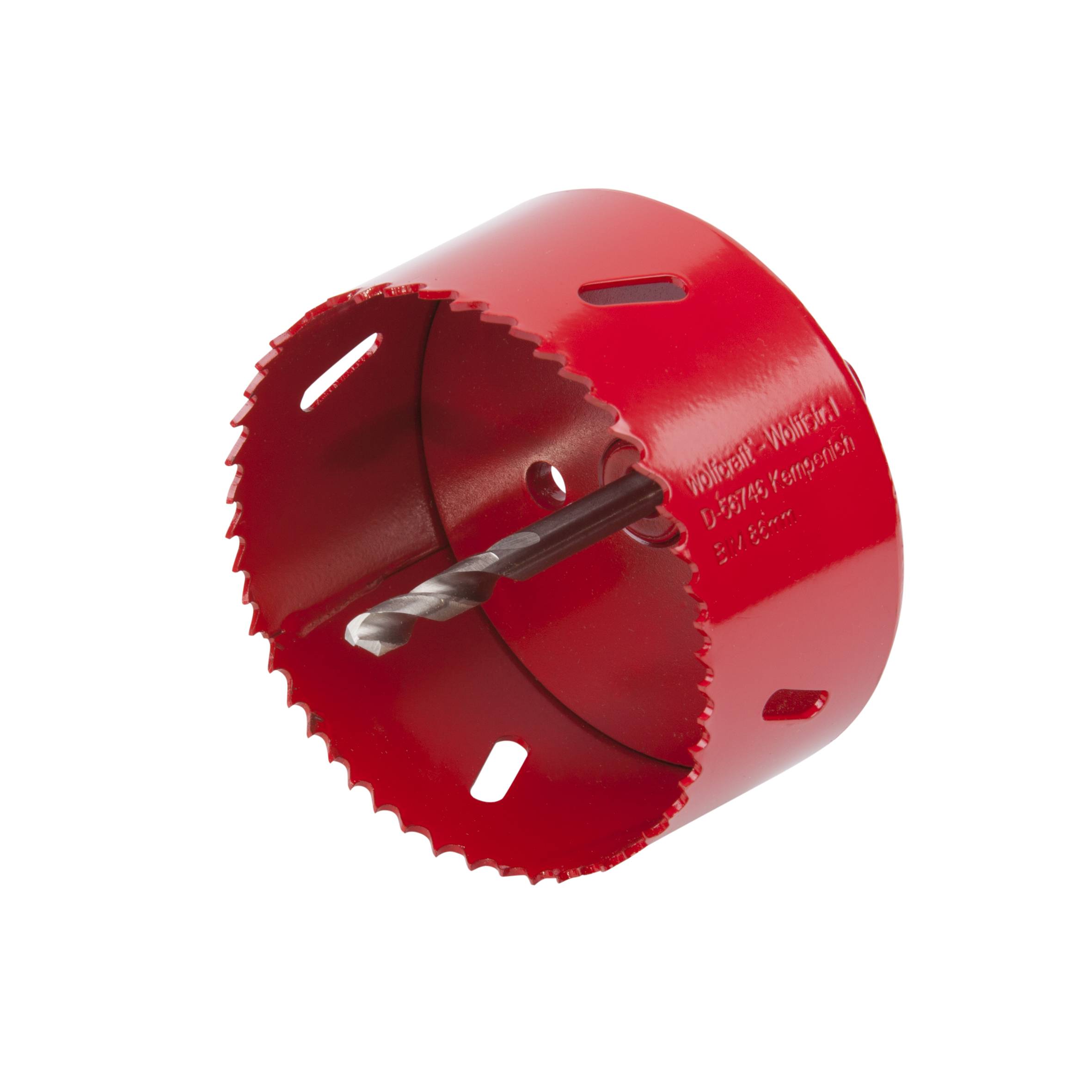 Red hole saw attachment with central drill bit, suitable for drilling large holes in materials such as wood or metal.