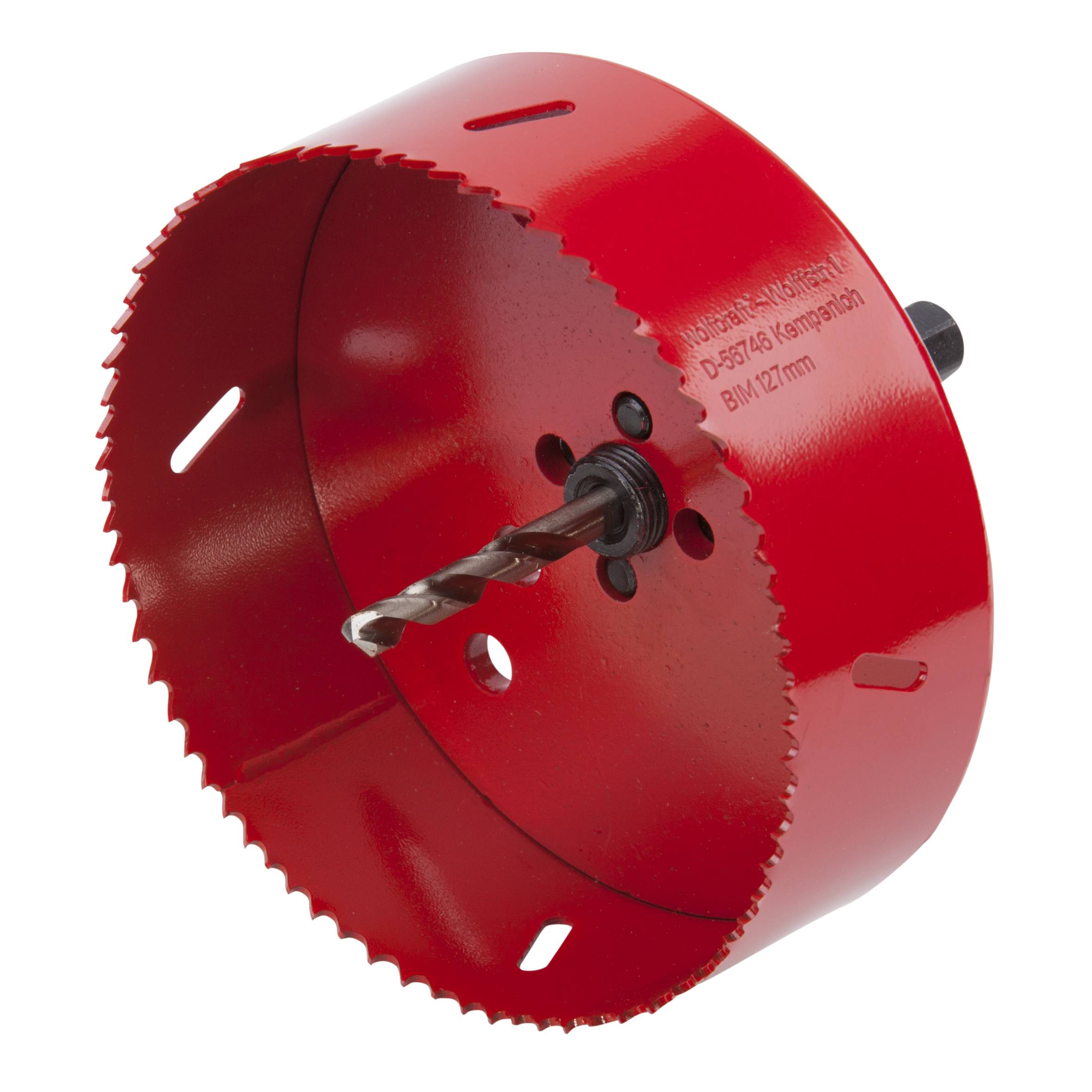 A red hole saw attachment with sharp teeth, suitable for drill machines. Diameter specification '127 mm' on the outer side.