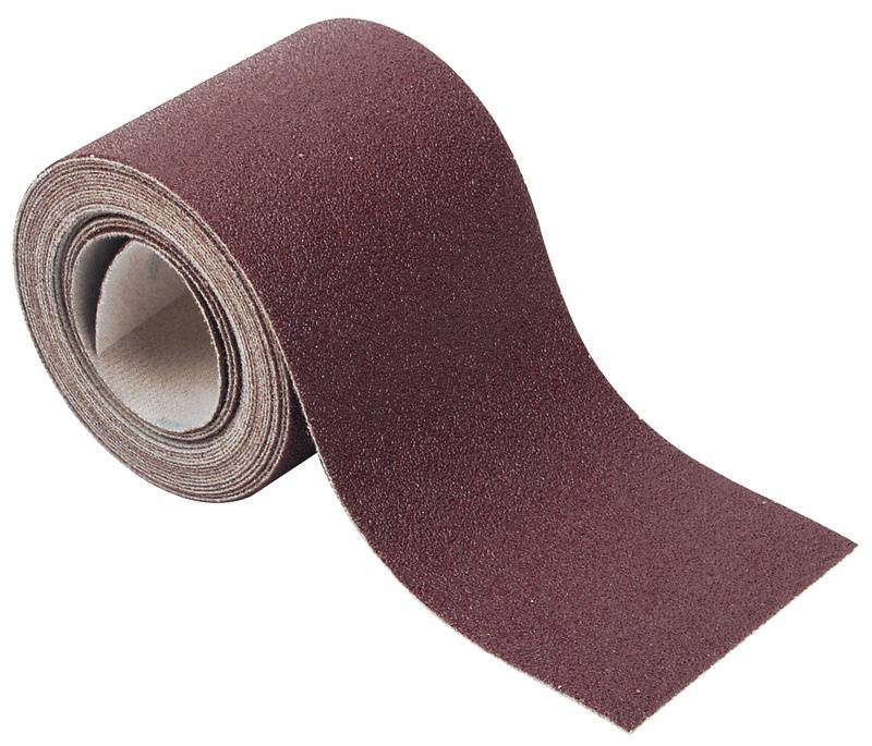 A roll of sandpaper with a brown-red, granular surface, suitable for smoothing and working with wood or other materials.