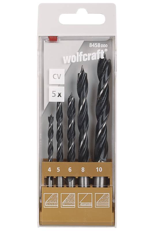A set of five drill bits in various sizes (4-10 mm), packaged in a clear box. Brand 'wolfcraft'.