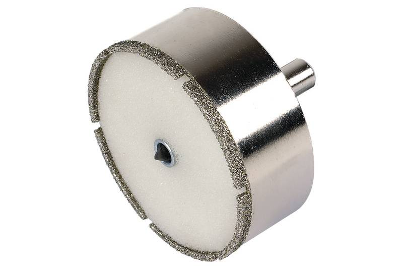 A circular drill head with a diamond-coated edge and a cylindrical shaft, suitable for hard materials.