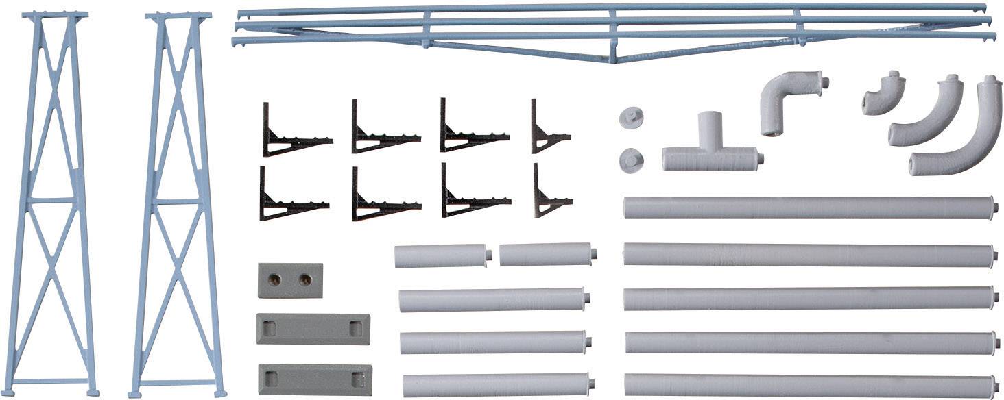 Components of a modular building system: blue triangular structures, grey pipes, angle pieces, and mounting plates for construction.