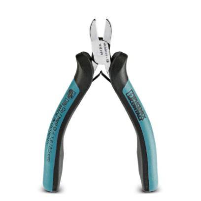 Side cutters with a blue-black handle viewed from the front, suitable for precise wire cutting.