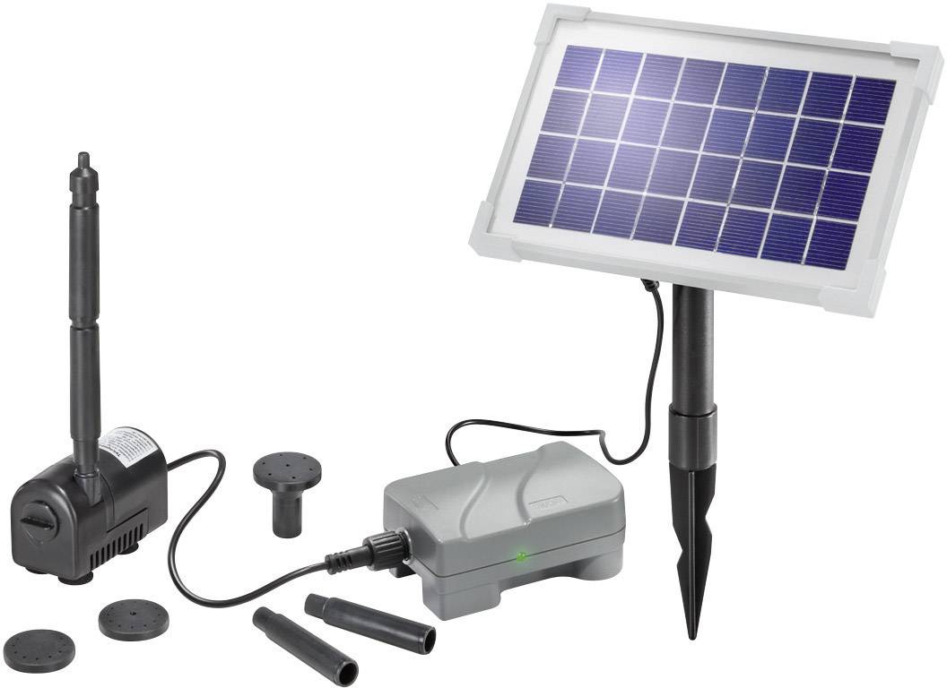 Solar pump set with solar panel, pump, connectors and accessories. Used for energy-efficient water circulation in ponds.