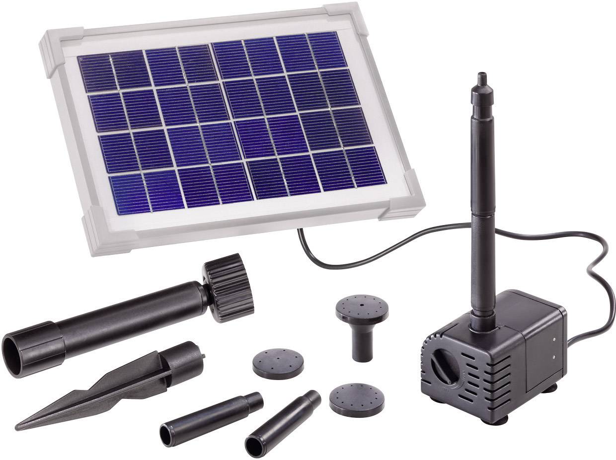 Solar-powered water pump with solar panel, various nozzles and spray heads. Suitable for ponds or garden decoration.