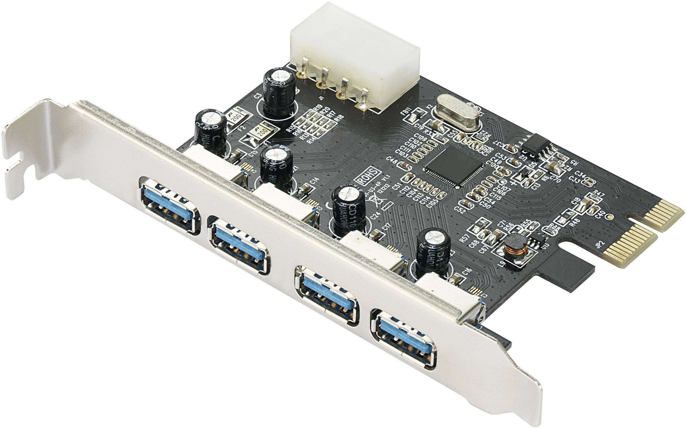 PCIe expansion card with four USB 3.0 ports and a Molex power connector. Used to add USB ports to a computer.