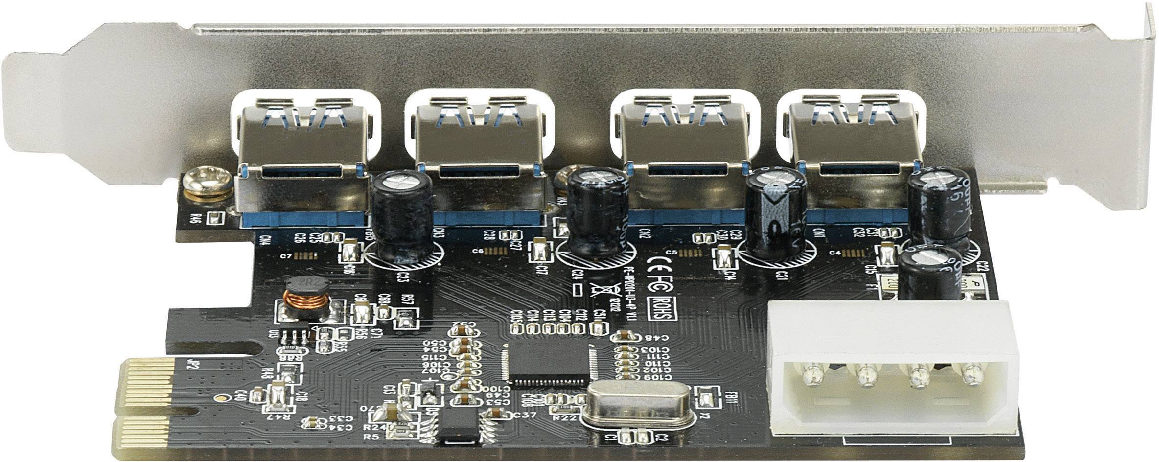 Four-Port USB Expansion Card for Computers, Slot Connection at Top, Enables Additional USB Connections, Horizontal Orientation.