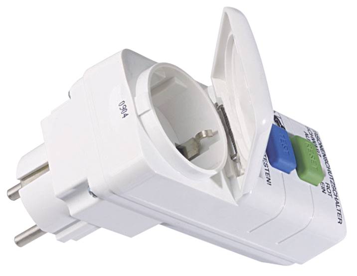 A plug-in intermediate device with a Schuko plug and socket, including test buttons, serves as an RCD (Residual Current Device) for electrical safety.