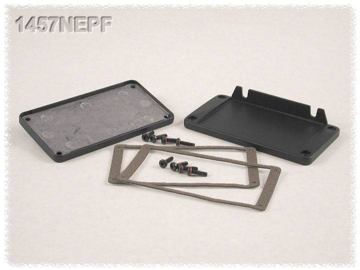 Housing set with lid and screws for electronic components. Includes two sealing inserts and four fixing screws.