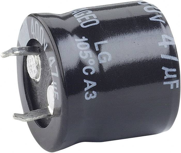 A black electrolytic capacitor with silver printing, two terminals at the bottom, and the marking '400V 47µF'.