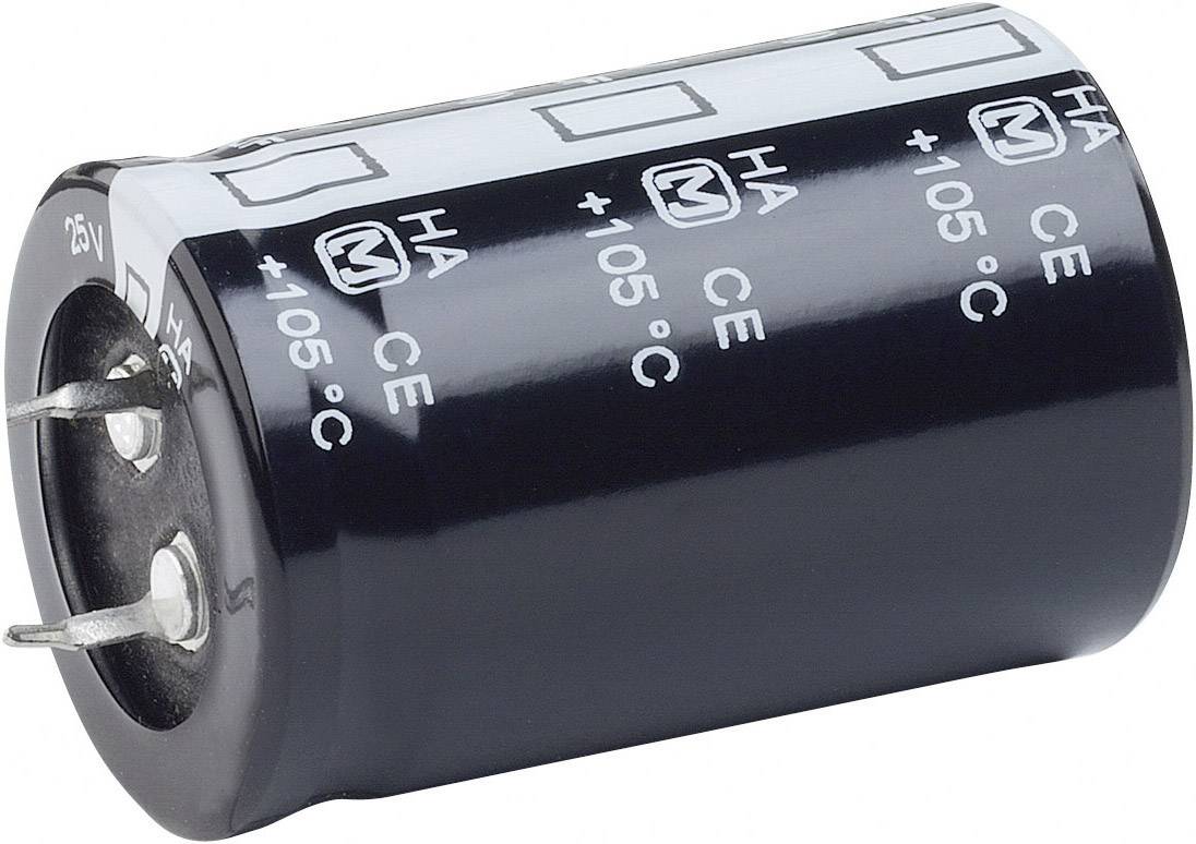 A black electrolytic capacitor with printed markings 'HA CE +105°C 25V'. Two metal terminals are visible.