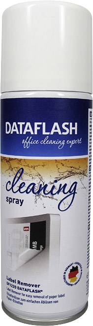 Spray can with 'Dataflash cleaning spray' label. For removing labels, German flag on the label, 200 ml.