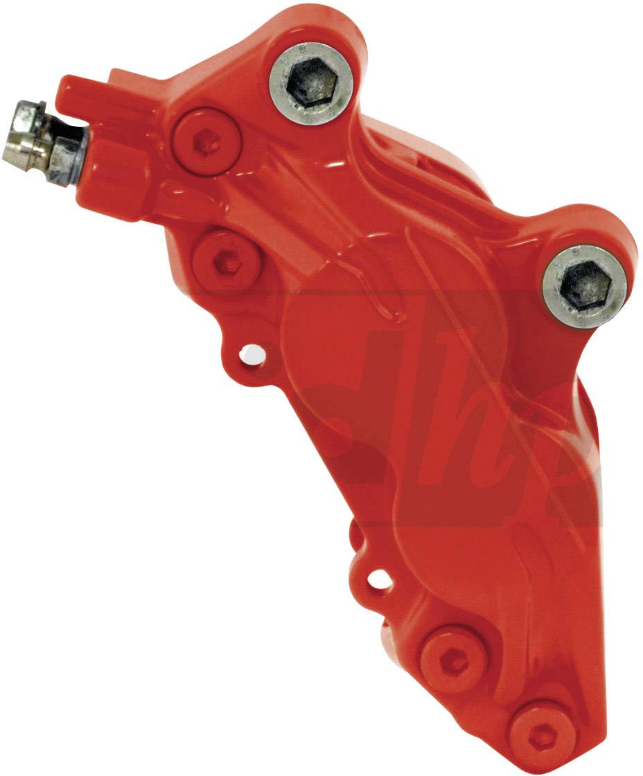 Red brake calliper component with metallic mounting points and connections, for use in vehicle braking systems.