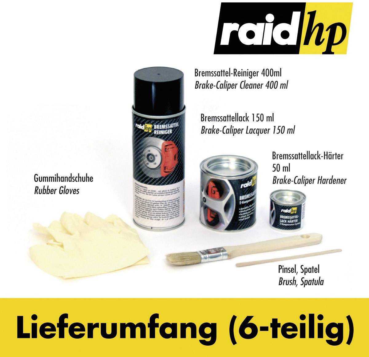 Image of a six-piece brake calliper paint set by raid hp, comprising cleaner, paint, hardener, brush, spatula, and rubber gloves.