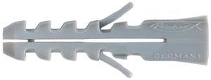 Grey wall plug with lateral grooves, suitable for anchoring in walls, marked with 'Germany'.