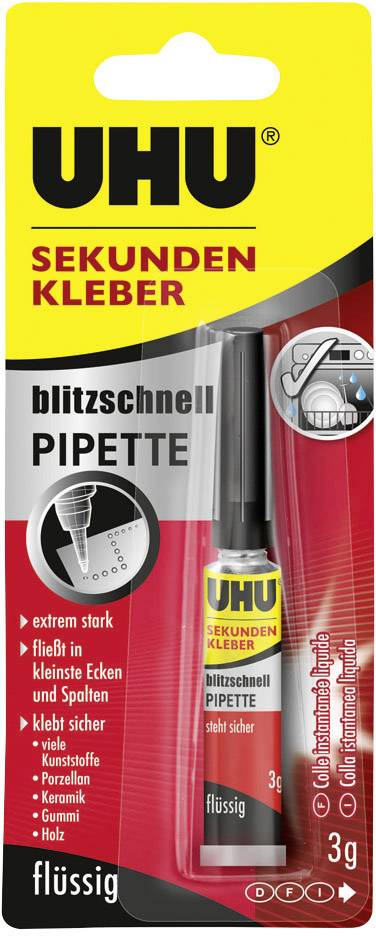UHU Instant Adhesive in Pipette: for precise bonding, extremely strong, liquid, suitable for many materials including plastic and ceramic.