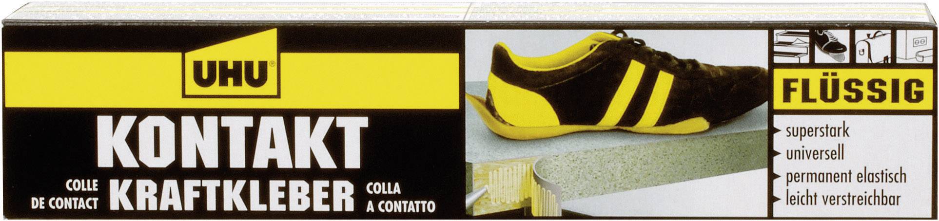A yellow packaging for UHU Contact Power Adhesive. Shows a shoe being glued. Text reads: 'Liquid, super strong, universal'.